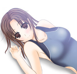 Rule 34 | 1girl, blush, brown eyes, brown hair, competition swimsuit, dutch angle, kawada tomoko, kimi kiss, one-piece swimsuit, shio, smile, solo, swimsuit