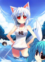 Rule 34 | 3girls, animal ears, aqua hair, black hair, blush, breasts, cleavage, female focus, hands on own hips, inubashiri momiji, kawashiro nitori, large breasts, looking at viewer, multiple girls, one-piece swimsuit, river, school swimsuit, shameimaru aya, shin (new), short hair, smile, swimsuit, tail, touhou, two side up, wading, water, wet, white hair, wolf ears, wolf tail