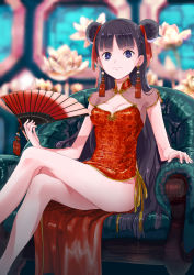 Rule 34 | 1girl, amayoshi, armchair, black hair, blunt bangs, blurry, breasts, bright pupils, chair, china dress, chinese clothes, cleavage cutout, clothing cutout, crossed legs, depth of field, double bun, dress, earrings, easy chair, flower, folding fan, frown, hair bun, hair ribbon, hand fan, highres, holding, holding fan, jewelry, long hair, looking at viewer, lotus, original, purple eyes, red dress, ribbon, see-through, shiny clothes, short sleeves, side slit, sitting, small breasts, solo, tassel, tassel earrings, very long hair