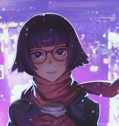 Rule 34 | 1girl, absurdres, blunt bangs, coffee cup, cup, disposable cup, glasses, gloves, head tilt, highres, holding, holding cup, ilya kuvshinov, jacket, leather, leather jacket, looking at viewer, original, portrait, purple-framed eyewear, purple eyes, purple theme, red gloves, red scarf, scarf, shibuya (tokyo), short hair, smile, solo, teeth, tokyo (city), upper body