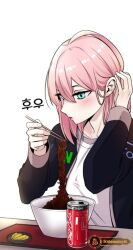 Rule 34 | 1girl, ahoge, blue eyes, blush, can, cha sirin, drink can, eating, hand up, looking down, pink hair, short hair, simple background, sitting, soda can, solo, very short hair, webtoon character na kang lim, white background