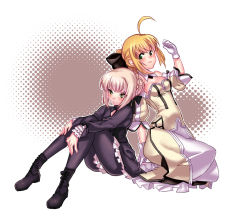 Rule 34 | 2girls, ahoge, artoria pendragon (all), artoria pendragon (fate), bad id, bad pixiv id, bare shoulders, black pantyhose, blonde hair, bow, capcom, dark persona, detached sleeves, dress, dual persona, fate/hollow ataraxia, fate/stay night, fate/unlimited codes, fate (series), gloves, gothic lolita, green eyes, hair bow, hair ribbon, light persona, lolita fashion, maccyman, multiple girls, official alternate costume, pantyhose, ponytail, ribbon, saber (fate), saber alter, saber lily, yellow eyes