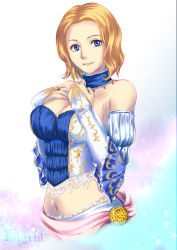 Rule 34 | 1girl, angela (castlevania), blonde hair, blue eyes, breasts, castlevania (series), castlevania pachislot, cleavage, large breasts, looking at viewer, midriff, navel, short hair, smile, solo