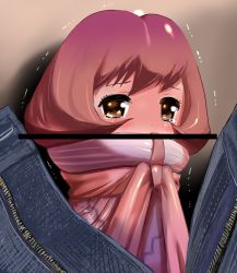 Rule 34 | 1girl, bar censor, blush, censored, close-up, denim, jeans, looking at viewer, misplaced genitals, mushi gyouza, open fly, open mouth, original, pants, penis, penis head, personification, pink hair, scared, scarf, sexually suggestive, shadow, short hair, solo, tears, trembling, unzipped, what, yellow eyes, zipper