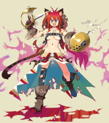 Rule 34 | 1girl, animal ears, asymmetrical clothes, breasts, cat ears, cat tail, earrings, gloves, green eyes, gun, jewelry, knife, large breasts, long hair, midriff, navel, original, red hair, reverse grip, ryoji (nomura ryouji), single thighhigh, solo, tail, thighhighs, underboob, weapon