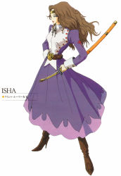 Rule 34 | 1girl, absurdres, aisha (five star stories), boots, brown hair, dress, five star stories, hand on own hip, high heel boots, high heels, highres, hip focus, long hair, nagano mamoru, official art, shoes, solo, sword, weapon