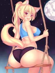 Rule 34 | 1girl, animal ear fluff, animal ears, ass, bare shoulders, blonde hair, blush, breasts, buruma, cat ears, cat tail, covered erect nipples, fox ears, fox tail, from behind, full moon, highres, huge ass, large breasts, long hair, looking at viewer, moon, nottytiffy, open mouth, original, red eyes, shiny skin, sideboob, sitting, sky, smile, solo, sports bra, star (sky), starry sky, tail, tank top