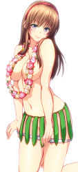 Rule 34 | 1girl, 846-gou, bad id, bad pixiv id, bikini, bikini bottom only, bikini pull, blue eyes, blush, breasts, brown hair, cleavage, clothes pull, convenient censoring, dead or alive, flower, flower necklace, grass skirt, hairband, highres, hitomi (doa), jewelry, kneeling, large breasts, lei, long hair, looking at viewer, navel, necklace, one-piece swimsuit pull, simple background, smile, solo, swimsuit, topless, white background