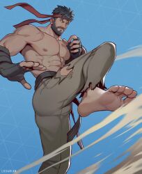 Rule 34 | 1boy, abs, ass, bara, barefoot, beard, bulge, facial hair, feet, fingerless gloves, foot out of frame, foot up, from below, gloves, headband, highres, incoming kick, large pectorals, looking at viewer, luxarian, male focus, mature male, muscular, muscular male, mustache, navel, nipples, pants, pectorals, red headband, ryu (street fighter), short hair, soles, solo, stomach, street fighter, street fighter 6, thick eyebrows, thick mustache, toes, topless male, torn clothes, torn pants, wind