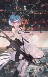 Rule 34 | 1girl, assault rifle, bare shoulders, black ribbon, blue hair, blush, cityscape, collarbone, crown, cup, dress, drinking glass, girls&#039; frontline, gloves, gun, hair between eyes, hand to own mouth, highres, holding, holding cup, kalashnikov rifle, looking at viewer, mini crown, paris, purple eyes, red wine, ribbon, rifle, short hair, solo, soukou makura, weapon, white dress, white gloves, wine, wine glass, zas m21 (girls&#039; frontline), zas m21 (white queen) (girls&#039; frontline), zastava m21