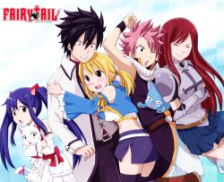 Rule 34 | 2boys, 3girls, ami (wonderland99), armor, belt, black eyes, black hair, blonde hair, blush, brown eyes, cat, charle (fairy tail), copyright name, detached sleeves, dress, erza scarlet, closed eyes, fairy tail, gauntlets, gray fullbuster, happy (fairy tail), hug, lucy heartfilia, miniskirt, multiple boys, multiple girls, natsu dragneel, pink hair, purple hair, red hair, ribbon, scarf, skirt, smile, tail, tail ornament, tail ribbon, teeth, thighhighs, twintails, wendy marvell