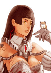 Rule 34 | 1girl, absurdres, blood, breasts, brown hair, cleavage, cross (guncross), gloves, hamster, highres, inquisition (warhammer), large breasts, scar, simple background, skull, warhammer 40k, wire, yellow eyes, yellow theme