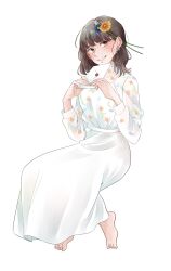 Rule 34 | 1girl, aida rikako, barefoot, blush, brown eyes, brown hair, camisole, commentary request, earrings, flower, full body, hair flower, hair ornament, highres, holding, holding letter, invisible chair, jewelry, kashikaze, letter, long sleeves, medium hair, see-through, see-through shirt, shirt, simple background, sitting, skirt, smile, solo, voice actor, white background, white camisole, white shirt, white skirt