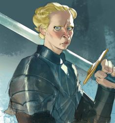Rule 34 | a song of ice and fire, absurdres, armor, blonde hair, blue eyes, brienne of tarth, game of thrones, highres, ramon nunez, short hair, sword, weapon
