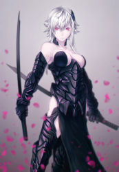 Rule 34 | 1girl, armor, breasts, cleavage, dual wielding, holding, loincloth, mstm, original, petals, red eyes, solo, sword, weapon, white hair