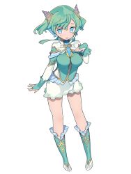 Rule 34 | 1girl, :o, blade (galaxist), blue eyes, boots, breasts, bridal gauntlets, clarice umbra, fins, full body, green hair, head fins, large breasts, mole, mole under eye, official art, pointy ears, pop-up story, shell, shell hair ornament, short hair, simple background, skirt, solo, white background