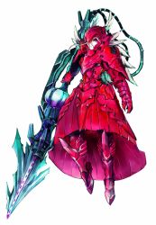 Rule 34 | 1girl, armor, lance, official art, overlord (maruyama), pale skin, plate armor, polearm, red armor, shalltear bloodfallen, simple background, so-bin, solo, spear, spoilers, vampire, weapon, white background