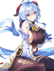 Rule 34 | 1girl, absurdres, ahoge, bare shoulders, bell, black bodysuit, blue hair, blush, bodysuit, breasts, commentary request, detached sleeves, from side, ganyu (genshin impact), genshin impact, gloves, gold trim, hair between eyes, hand on own chest, hand up, head tilt, highres, horns, large breasts, lips, long hair, long sleeves, looking at viewer, looking to the side, neck bell, sideboob, sidelocks, simple background, sitting, smile, solo, wariza, white background, yoshitoki (kisshin)