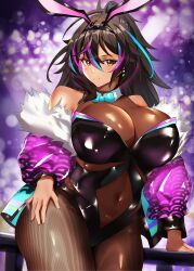 Rule 34 | 1girl, absurdres, animal ears, aqua hair, bare shoulders, black hair, black leotard, blue bow, blue bowtie, blue jacket, bodystocking, bow, bowtie, breasts, brown eyes, cleavage, closed mouth, collar, dark-skinned female, dark skin, detached collar, earrings, fake animal ears, fur-trimmed jacket, fur trim, gotou fundoshi, hair between eyes, highres, indie virtual youtuber, jacket, jewelry, large breasts, leotard, multicolored clothes, multicolored hair, multicolored jacket, navel, neon harper, pink hair, pink sleeves, playboy bunny, rabbit ears, railing, second-party source, see-through, see-through cleavage, smile, solo, streaked hair, virtual youtuber, white collar