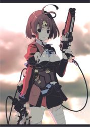 Rule 34 | 10s, 1girl, 8055, ahoge, armpits, backpack, bag, bandages, bandaged leg, bandages, black eyes, blue bow, bow, breasts, cable, choker, closed mouth, corset, cowboy shot, dress, dual wielding, gun, hair rings, hakama, hakama short skirt, hakama skirt, headband, holding, holding gun, holding weapon, japanese clothes, juliet sleeves, koutetsujou no kabaneri, large breasts, letterboxed, light smile, long sleeves, looking at viewer, machinery, mumei (kabaneri), puffy long sleeves, puffy sleeves, red dress, red hair, sash, short hair, skirt, solo, standing, steampunk, thighhighs, trigger discipline, underbust, weapon, zettai ryouiki