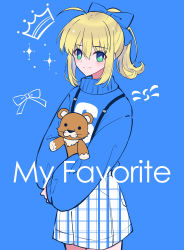 Rule 34 | 1girl, absurdres, ahoge, artoria pendragon (all), artoria pendragon (fate), blonde hair, blue background, blue bow, blue sweater, bow, closed mouth, cowboy shot, fate/stay night, fate (series), green eyes, hair between eyes, hair bow, highres, long hair, long sleeves, looking at viewer, nayu tundora, ponytail, saber (fate), short shorts, shorts, sidelocks, sketch, sleeves past fingers, sleeves past wrists, smile, solo, standing, striped clothes, striped shorts, stuffed animal, stuffed lion, stuffed toy, suspender shorts, suspenders, sweater, vertical-striped clothes, vertical-striped shorts, white shorts