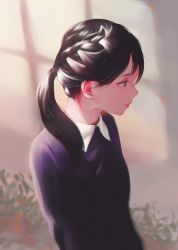 Rule 34 | 1girl, absurdres, arm behind back, blurry, braid, brown eyes, brown hair, closed mouth, collared shirt, depth of field, from side, hair between eyes, hair over shoulder, highres, litra (ltr0312), long hair, looking to the side, original, ponytail, profile, purple shirt, shirt, solo, wing collar