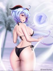 Rule 34 | 1girl, ahoge, ass, bare shoulders, bikini, blue hair, blush, breasts, embarrassed, from behind, ganyu (genshin impact), genshin impact, goat horns, horns, huge ass, jaxdraws, long hair, looking at viewer, looking back, looking down, open mouth, orb, purple eyes, shiny skin, sideboob, solo, swimsuit, thick thighs, thighs, very long hair