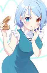 Rule 34 | 1girl, absurdres, adapted costume, artist name, bare shoulders, blue dress, blue eyes, blue hair, blush, breasts, closed mouth, dress, earrings, fingernails, food, hair ornament, hairpin, hands up, heterochromia, highres, holding, holding food, jewelry, long fingernails, looking at viewer, medium breasts, nnyara, red eyes, shirt, short hair, simple background, sleeveless, sleeveless dress, sleeveless shirt, smile, solo, standing, tatara kogasa, tongue, tongue out, touhou, white background, white shirt