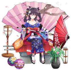 Rule 34 | 1girl, alternate costume, animal ears, ashigara (azur lane), ashigara (brief intermission) (azur lane), azur lane, bare shoulders, black hair, blush, bow, breasts, cat ears, cleavage, closed mouth, collarbone, flower, full body, hair flower, hair ornament, holding, holding umbrella, japanese clothes, kimono, large breasts, looking at viewer, medium hair, official art, oil-paper umbrella, red bow, red eyes, sandals, sitting, smile, socks, solo, tetsujin momoko, transparent background, twintails, umbrella, white socks
