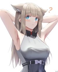 Rule 34 | 1girl, ?, animal ear fluff, animal ears, arknights, arknights: endfield, armpits, arms behind head, arms up, bare arms, bare shoulders, blue eyes, blunt bangs, blush, breasts, brown hair, commentary request, dress, grey dress, highres, keenh, long hair, looking at viewer, medium breasts, parted lips, perlica (arknights), signature, simple background, sleeveless, sleeveless dress, solo, upper body, very long hair, white background