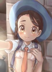 Rule 34 | backpack, bag, bikini, blue bag, blue headwear, braid, brick wall, brown eyes, brown hair, check commentary, clothes lift, commentary request, creatures (company), flat chest, game freak, hand on own chest, hat, highres, juliana (pokemon), lifted by self, light blush, looking at viewer, micro bikini, necktie, nintendo, orange necktie, pokemon, pokemon (creature), pokemon sv, porocha, selfie, shirt, shirt lift, short hair, short sleeves, smile, solo focus, stomach, sunlight, swimsuit, upper body, wall, white bikini, white shirt, wing collar