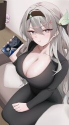Rule 34 | 2girls, :t, absurdres, anger vein, black hairband, breasts, cellphone, cleavage, copyright name, crying, crying with eyes open, firefly (honkai: star rail), grey hair, hair between eyes, hair ornament, hairband, highres, holding, holding phone, honkai: star rail, honkai (series), indoors, kokucho, large breasts, long hair, long sleeves, looking at viewer, march 7th (honkai: star rail), multiple girls, phone, pink hair, purple eyes, sitting, smartphone, tears, very long hair, wuthering waves, yangyang (wuthering waves)