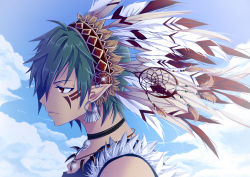 Rule 34 | absurdres, androgynous, bad id, bad pixiv id, blue sky, choker, cloud, day, die ying, dream catcher, ear piercing, earrings, facial mark, feathers, from side, gender request, green hair, headdress, highres, jewelry, native american headdress, necklace, original, piercing, pointy ears, portrait, profile, red eyes, sky, solo