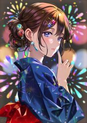 Rule 34 | 1girl, aerial fireworks, blue eyes, blue kimono, blue nails, blurry, blurry background, blush, commentary request, depth of field, earrings, festival, fireworks, floral print, from side, hair between eyes, hair bun, hair ornament, hairclip, hand up, highres, index finger raised, japanese clothes, jewelry, kimono, looking at viewer, looking to the side, morikura en, nail polish, obi, original, parted lips, sash, short hair, solo, upper body, yukata