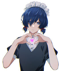 Rule 34 | 1boy, black dress, blue eyes, blue hair, bow, collared shirt, commentary request, crossdressing, dress, frilled hairband, frills, hair between eyes, hair bow, hairband, heart, heart hands, looking at viewer, maid, maid headdress, male focus, parted lips, persona, persona 3, puffy short sleeves, puffy sleeves, red bow, shirt, short hair, short sleeves, solo, tsukitaka, upper body, white background, white shirt, yuuki makoto (persona 3)