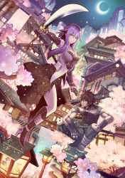 Rule 34 | 1boy, 1girl, boots, brown hair, building, cherry blossoms, chrysanthemum print, city, cityscape, crescent moon, detached sleeves, dutch angle, fingerless gloves, floral print, flower, foreshortening, full body, gloves, hayadai, high heels, highres, katana, lantern, moon, muscular, night, original, petals, purple hair, shoes, spider lily, squatting, sword, unmoving pattern, water, waterfall, weapon, yellow eyes
