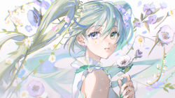 Rule 34 | 1girl, :d, absurdres, bare shoulders, blue eyes, blue flower, commentary request, floating hair, flower, from side, green eyes, green hair, green nails, hair between eyes, hand up, hatsune miku, heterochromia, highres, holding, holding flower, long hair, looking at viewer, looking to the side, nail polish, open mouth, purple flower, rumoon, shirt, sleeveless, sleeveless shirt, smile, solo, twintails, vocaloid, white flower, white shirt