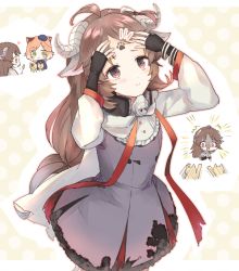 Rule 34 | ^^^, ahoge, animal, animal ear fluff, animal ears, arknights, arms up, bad id, bad pixiv id, black gloves, blue headwear, brown eyes, brown hair, cat, cat ears, cattail, chibi, dress, eyjafjalla (arknights), facial mark, fingerless gloves, forehead mark, gloves, grey dress, hands on own head, hat, heart, holding, horns, long hair, long sleeves, mini hat, mousse (arknights), outline, parted bangs, plant, polka dot, polka dot background, shirt, speed lines, toufu mentaru zabuton, turn pale, very long hair, wavy mouth, white outline, white shirt