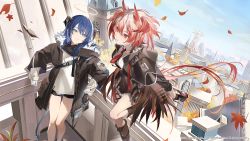 Rule 34 | 2girls, arknights, asymmetrical gloves, black footwear, black jacket, black scarf, black wings, blue eyes, blue gloves, blue sky, boots, bright pupils, building, collared shirt, copyright notice, day, demon horns, demon tail, detached wings, energy wings, falling leaves, fiammetta (arknights), fur-trimmed hood, fur trim, gloves, halo, highres, hood, hood down, horns, jacket, leaf, leg up, long hair, long sleeves, mismatched gloves, mostima (arknights), multiple girls, necktie, official art, open clothes, open jacket, red eyes, red hair, red necktie, scarf, scenery, shirt, short hair, short shorts, shorts, sky, standing, standing on one leg, tail, white gloves, white pupils, white shirt, wings, yuuki uyu