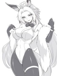 Rule 34 | 1girl, ahoge, blue bow, blue bowtie, bow, bowtie, breasts, cleavage, cowboy shot, detached collar, elbow gloves, feather boa, gloves, greyscale, highres, large breasts, leotard, long hair, monochrome, multicolored hair, nontraditional playboy bunny, orfevre (umamusume), pantyhose, pataneet, scarf, solo, standing, strapless, strapless leotard, umamusume