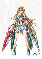 Rule 34 | 1girl, absurdres, aegis sword (xenoblade), bare legs, bare shoulders, blonde hair, breasts, chest jewel, cleavage, cleavage cutout, clothing cutout, dress, dual wielding, earrings, elbow gloves, gem, gloves, headpiece, highres, holding, jewelry, large breasts, legs, long hair, mythra (xenoblade), short dress, sofusan1526, solo, swept bangs, thigh strap, tiara, very long hair, white dress, white footwear, white gloves, xenoblade chronicles (series), xenoblade chronicles 2, yellow eyes