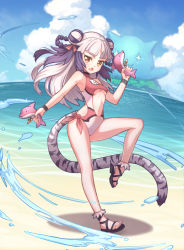 Rule 34 | 1girl, bikini, braid, breasts, dolphin, double bun, fang, haku (p&amp;d), highres, long hair, looking at viewer, multicolored hair, ocean, puzzle &amp; dragons, sandals, sky, small breasts, solo, swimsuit, tail, tiger tail, twin braids, two-tone hair, underboob, water, white hair, yellow eyes, yellowpaint.