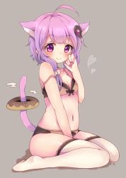 Rule 34 | 1girl, ahoge, animal ears, blush, bow, bow bra, bow panties, bra, brown panties, cat ears, cat tail, doughnut, food, front-tie top, grey background, hair ornament, hand on own cheek, hand on own face, heart, kemonomimi mode, looking at viewer, nail polish, navel, panties, purple eyes, purple hair, purple nails, renoa yu, short hair with long locks, sitting, smile, solo, strap slip, tail, thighhighs, twintails, underwear, underwear only, vocaloid, voiceroid, wariza, yuzuki yukari