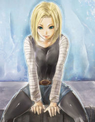 Rule 34 | 1girl, android 18, belt, blonde hair, blue eyes, breasts squeezed together, breasts, denim, denim skirt, dragon ball, dragonball z, highres, medium breasts, pantyhose, skirt, smile, solo, tank top, thighs, yuuya (inudama)