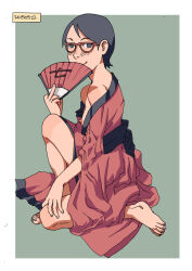 Rule 34 | 1girl, 2015, ac120, bare legs, bare shoulders, barefoot, black hair, blush, boruto: naruto next generations, breasts, dated, feet, female focus, from side, full body, glasses, hand fan, highres, holding, holding fan, japanese clothes, kimono, knee up, looking at viewer, middle finger, naruto (series), nipples, off shoulder, red-framed eyewear, red kimono, short hair, sitting, small breasts, solo, swept bangs, toes, uchiha sarada