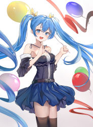 Rule 34 | 2girls, :d, balloon, bare shoulders, black shirt, black sleeves, blue eyes, blue hair, blue skirt, breasts, brown thighhighs, cleavage, commentary, criss-cross halter, detached sleeves, gradient background, grey background, hair between eyes, hair ribbon, halterneck, hands up, hatsune miku, highres, holding, holding balloon, index finger raised, long hair, looking at viewer, medium breasts, mosta (lo1777789), multiple girls, open mouth, pleated skirt, red ribbon, ribbon, shirt, short sleeves, skirt, smile, solo, standing, thighhighs, twintails, very long hair, vocaloid, wide sleeves, yellow ribbon