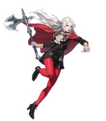 Rule 34 | 1girl, ankle boots, axe, battle axe, black dress, black footwear, boots, cape, dress, edelgard von hresvelg, fire emblem, fire emblem: three houses, fire emblem heroes, full body, gloves, glowing, high heel boots, high heels, highres, long hair, long sleeves, nintendo, pantyhose, parted bangs, red cape, red pantyhose, short dress, solo, suda ayaka, transparent background, weapon, white gloves