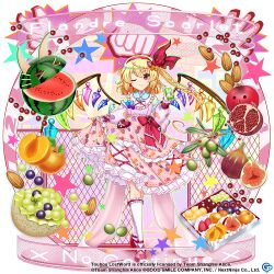 Rule 34 | &gt; &lt;, 1girl, ;), almond, alternate costume, apricot (fruit), blonde hair, closed mouth, clothes lift, commentary, contrapposto, copyright name, copyright notice, crystal, dress, dress lift, earrings, english commentary, english text, fig, flandre scarlet, flandre scarlet (rainbow fruit salad), food, fruit, fruit print, full body, game cg, grapes, hairband, heart, jewelry, lifted by self, looking at viewer, one eye closed, one side up, pink dress, red footwear, red hairband, redesign, rotte (1109), smile, socks, solo, star (symbol), third-party source, touhou, touhou lostword, watermelon, white socks, wings