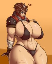 Rule 34 | 1girl, abs, blue eyes, breasts, brown hair, cleavage, curvy, eigaka, female focus, highres, huge breasts, muscular, short hair, solo, thick thighs, thighs, toned, wide hips