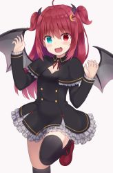 Rule 34 | 1girl, :d, black capelet, black dress, black horns, black thighhighs, black wings, blue eyes, breasts, capelet, claw pose, commentary, crescent, crescent hair ornament, demon girl, demon horns, demon wings, dress, fang, frilled capelet, frilled dress, frilled sleeves, frills, grey background, hair ornament, heterochromia, horns, leg up, long hair, long sleeves, looking at viewer, nijisanji, open mouth, red eyes, red footwear, red hair, shoes, shuuichi (gothics), simple background, skin fang, small breasts, smile, solo, standing, standing on one leg, thighhighs, two side up, virtual youtuber, wings, yuzuki roa
